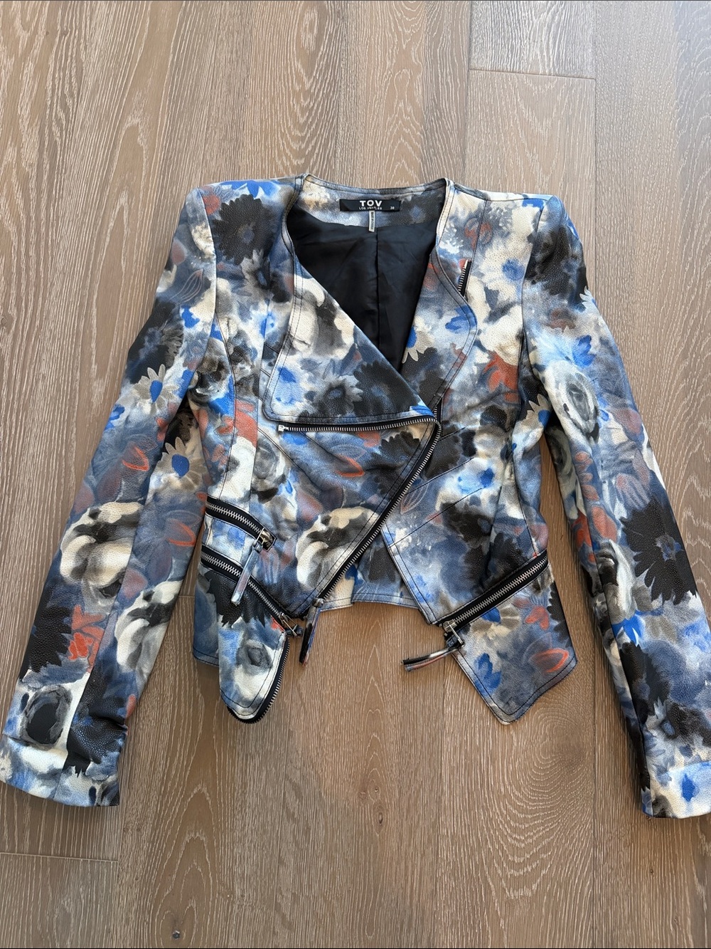 TOV Los Angels Floral Moto Jacket in Blue Multi